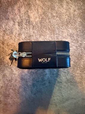 WOLF Black Leather Travel Jewelry Organizer with Mirror & Silver Zipper